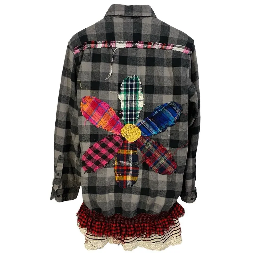Flannel Shirt Women XL Shacket Flower Grunge Camp Rock Country Festival Upcycled - Picture 15 of 16